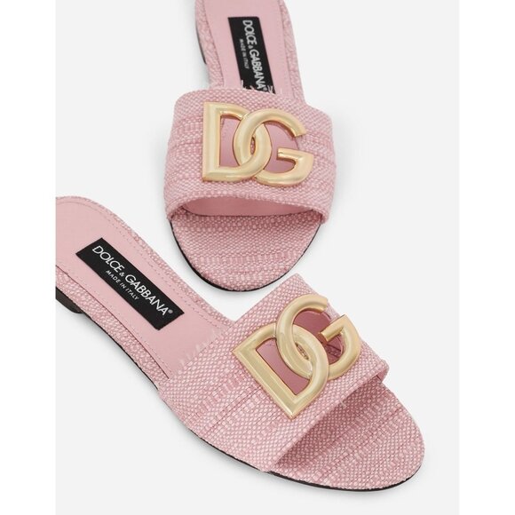 Dolce & Gabbana Woman Ciabatta gold Logo Rafia Pink sandals slides size 39.5 NEW